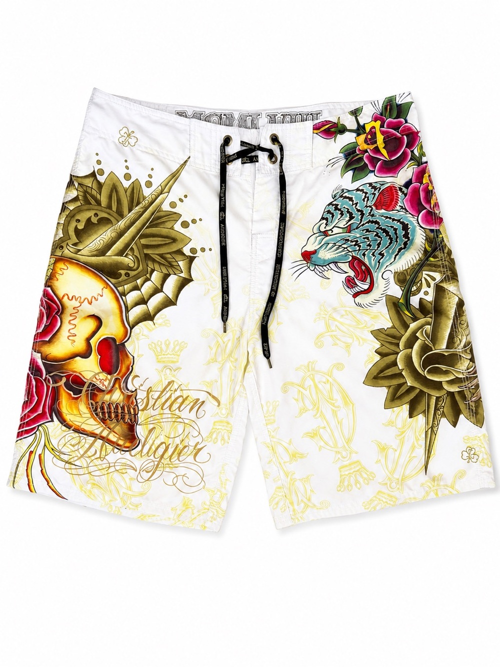 Vintage Christian Audigier Tattoo Print Board Shorts Size 34